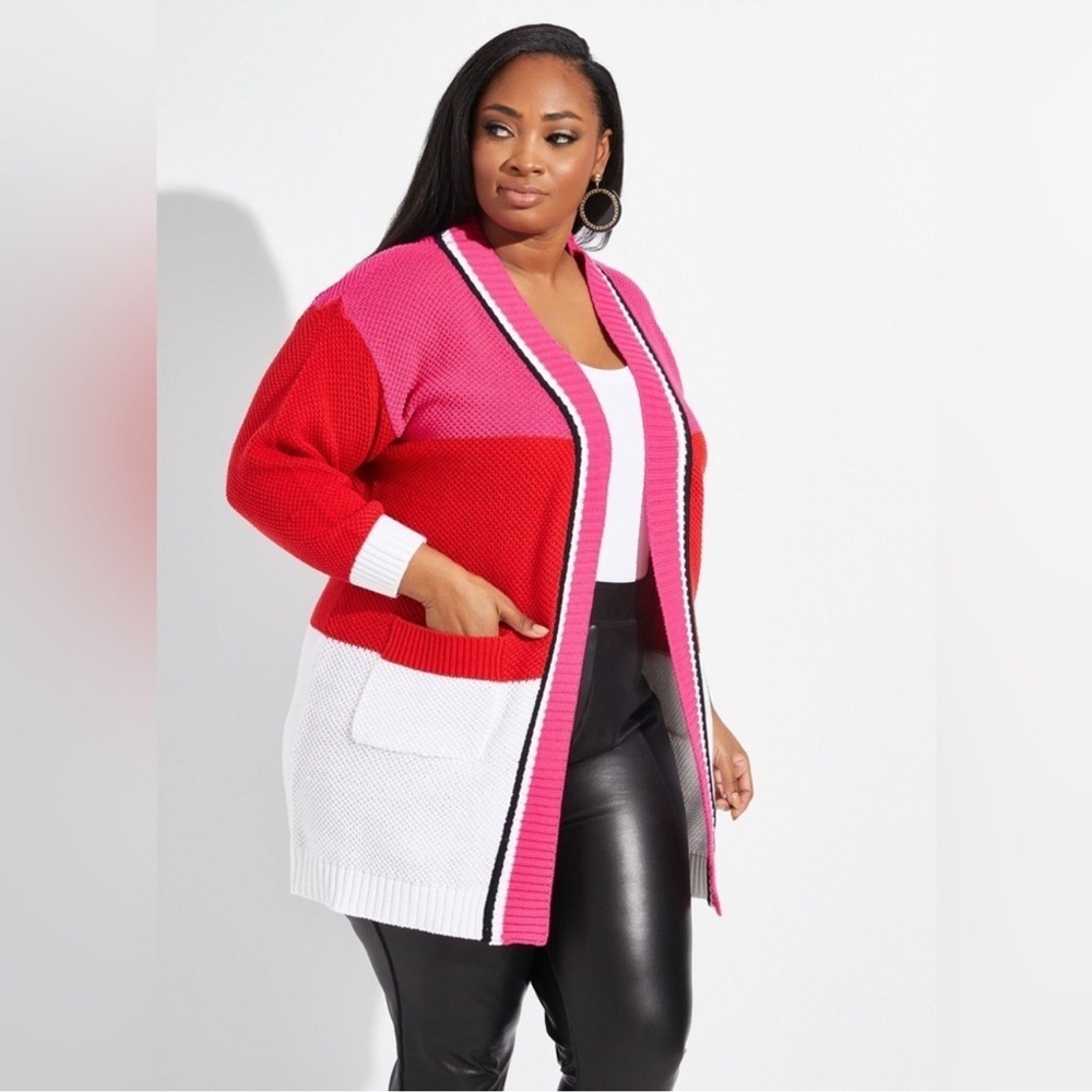Ashley Stewart Colorblock Cardigan Sweater Open Front Pink Red White 14/16